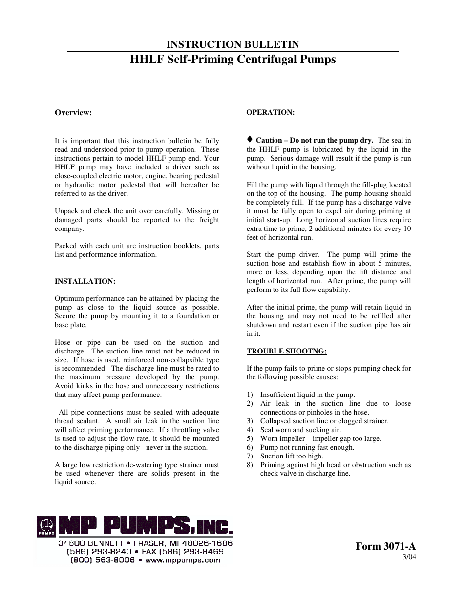 MP Pumps HHLF PUMP INSTRUCTION User Manual | 2 pages