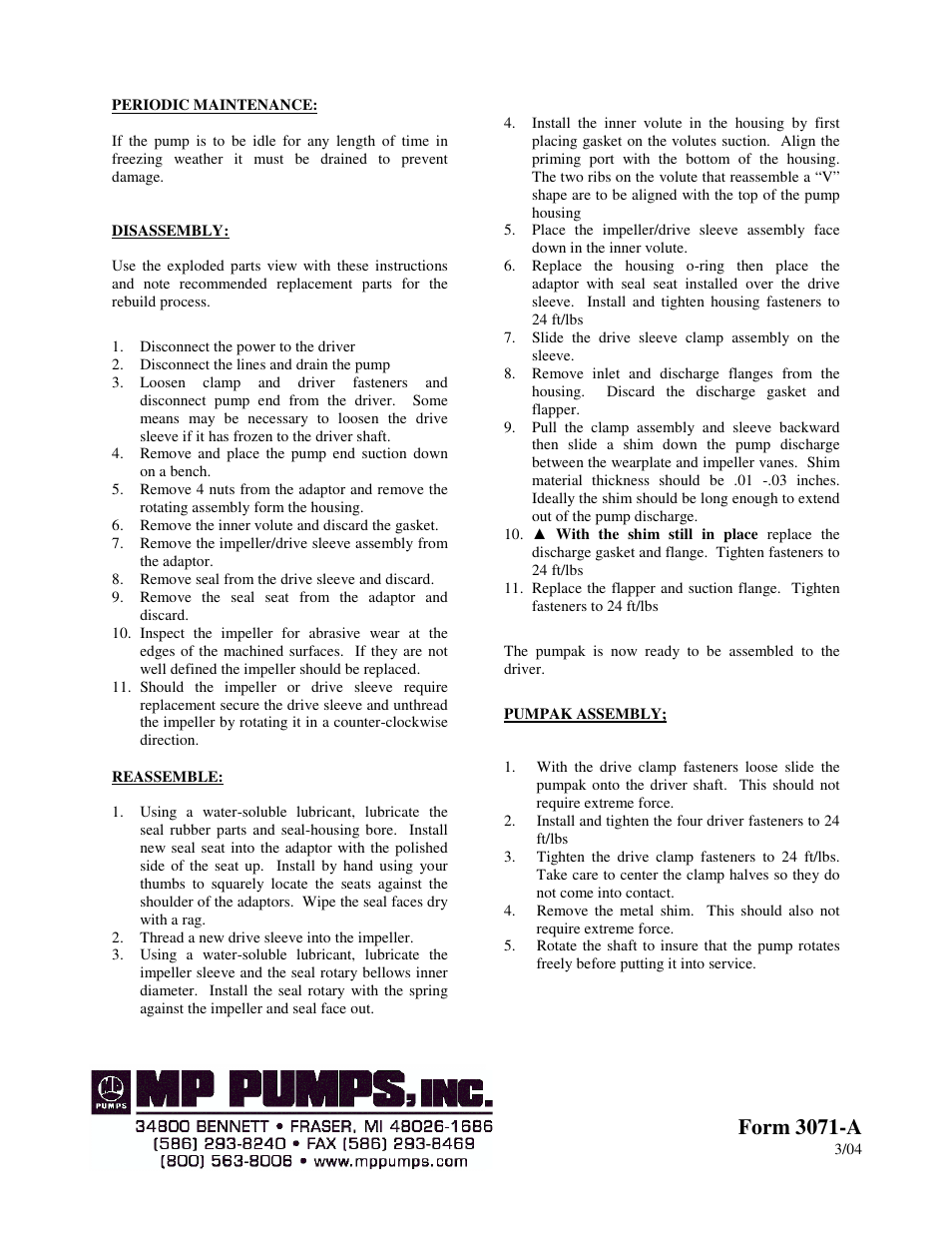 Form 3071-a | MP Pumps HHLF PUMP INSTRUCTION User Manual | Page 2 / 2