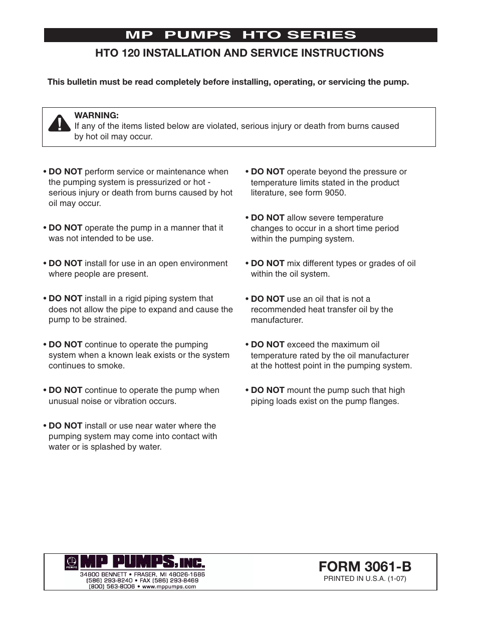 MP Pumps HTO 120 INSTALL User Manual | 4 pages