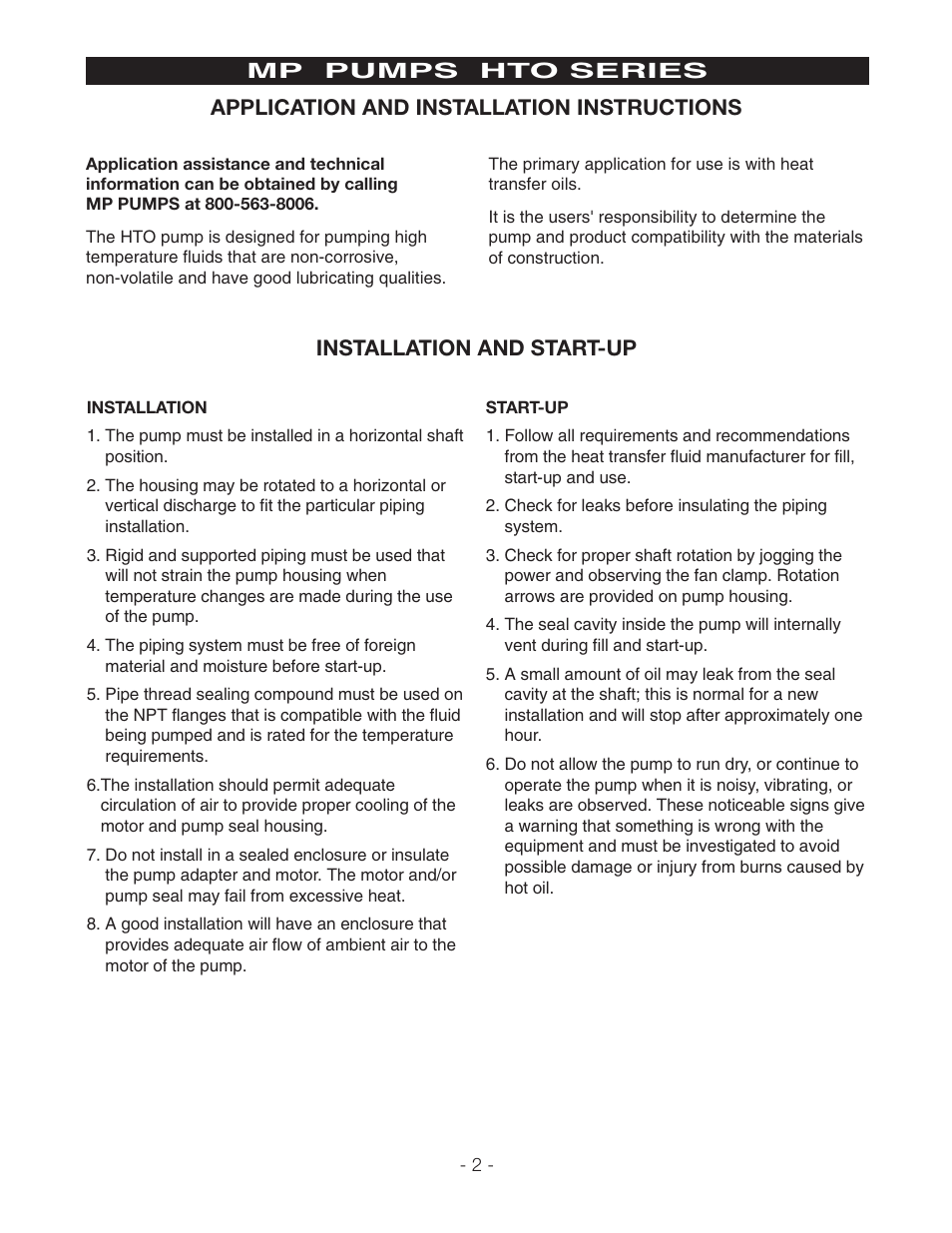 Installation and start-up | MP Pumps HTO 120 INSTALL User Manual | Page 2 / 4