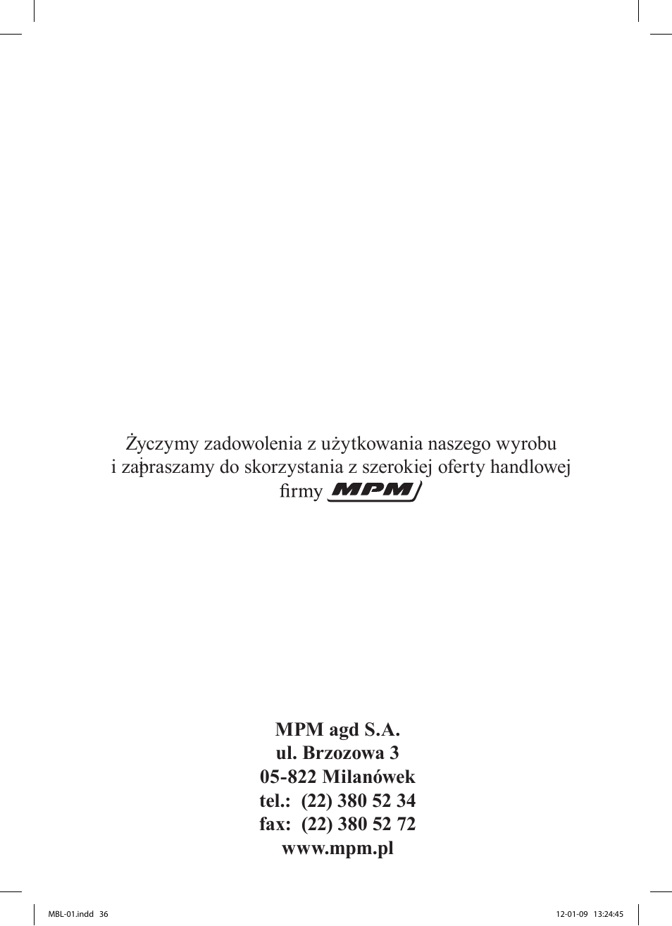 MPM MBL-01M User Manual | Page 36 / 36