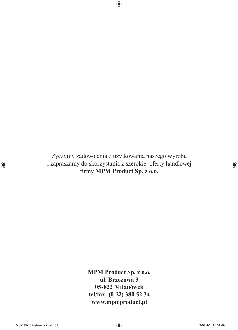 MPM MCZ-16 User Manual | Page 32 / 32