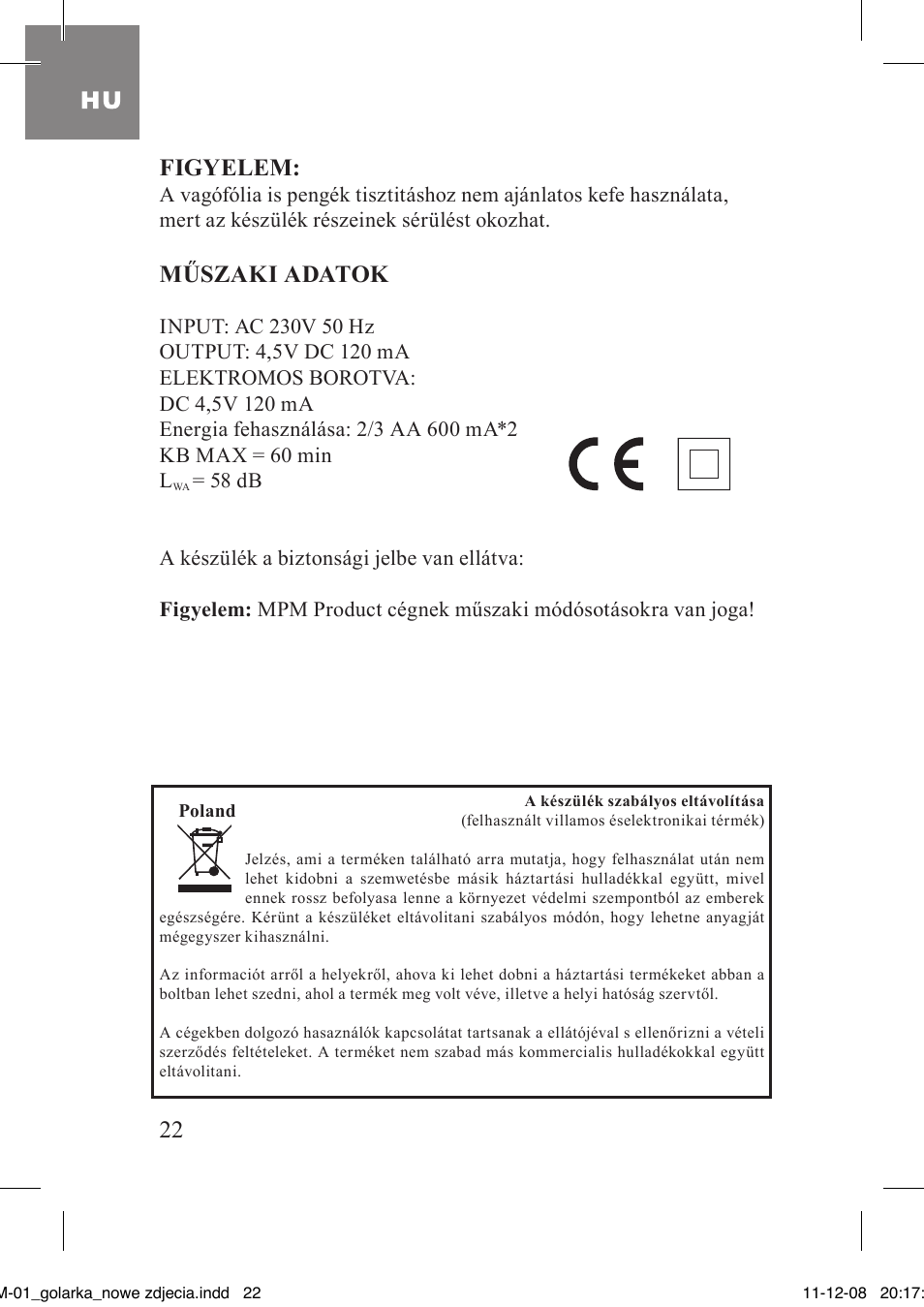 Figyelem, Műszaki adatok | MPM MGM-01 User Manual | Page 22 / 38