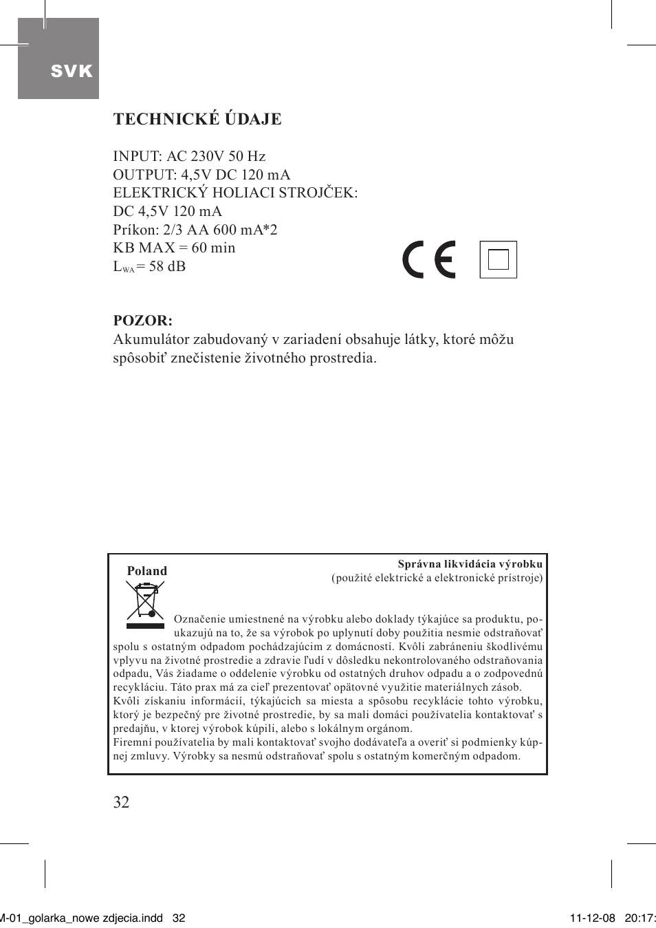 Technické údaje, Svk 32 | MPM MGM-01 User Manual | Page 32 / 38