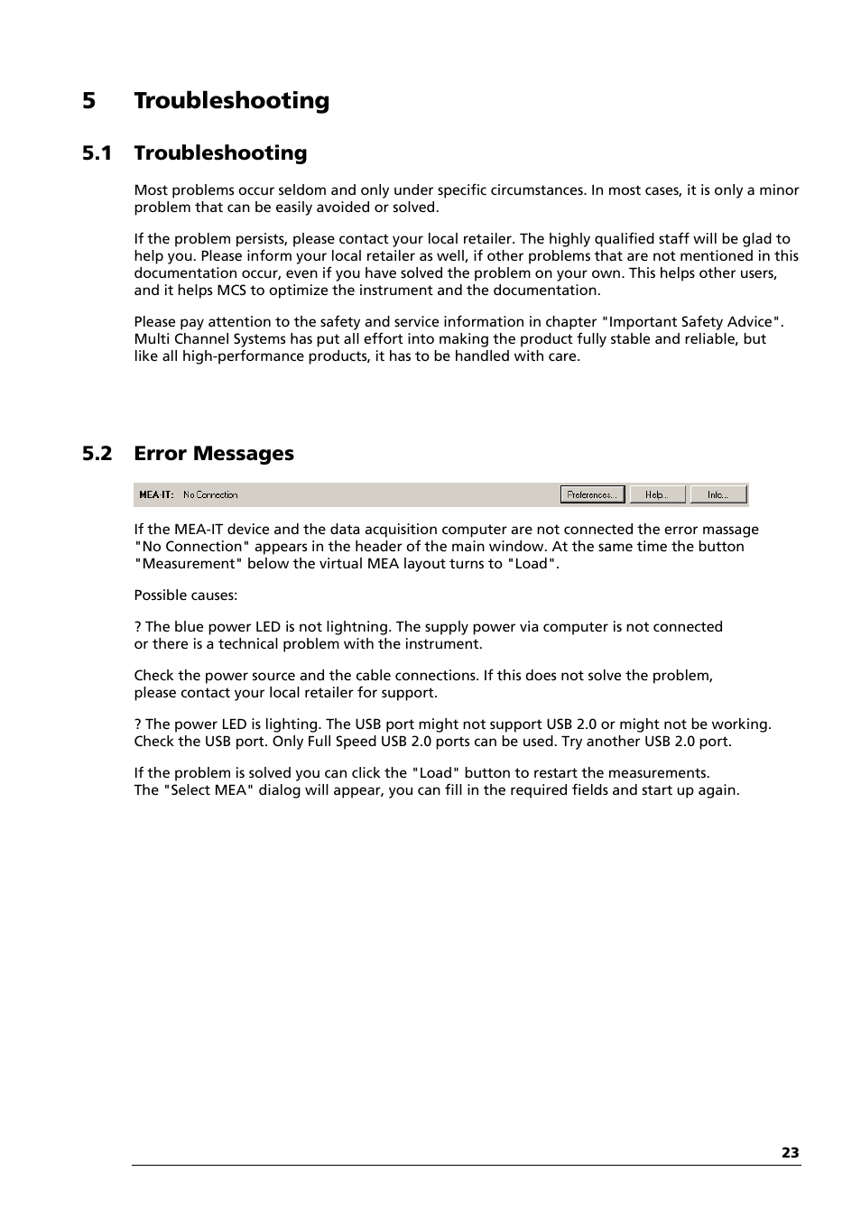 5 troubleshooting, 1 troubleshooting, 2 error messages | Multichannel Systems MEA-IT Manual User Manual | Page 27 / 30