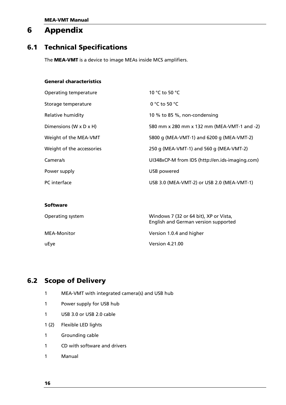 6appendix, 1 technical specifications, 2 scope of delivery | Multichannel Systems MEA-VMT Manual User Manual | Page 16 / 17