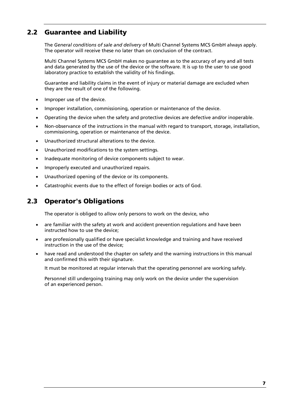 2 guarantee and liability, 3 operator's obligations | Multichannel Systems MEA-VMT Manual User Manual | Page 7 / 17