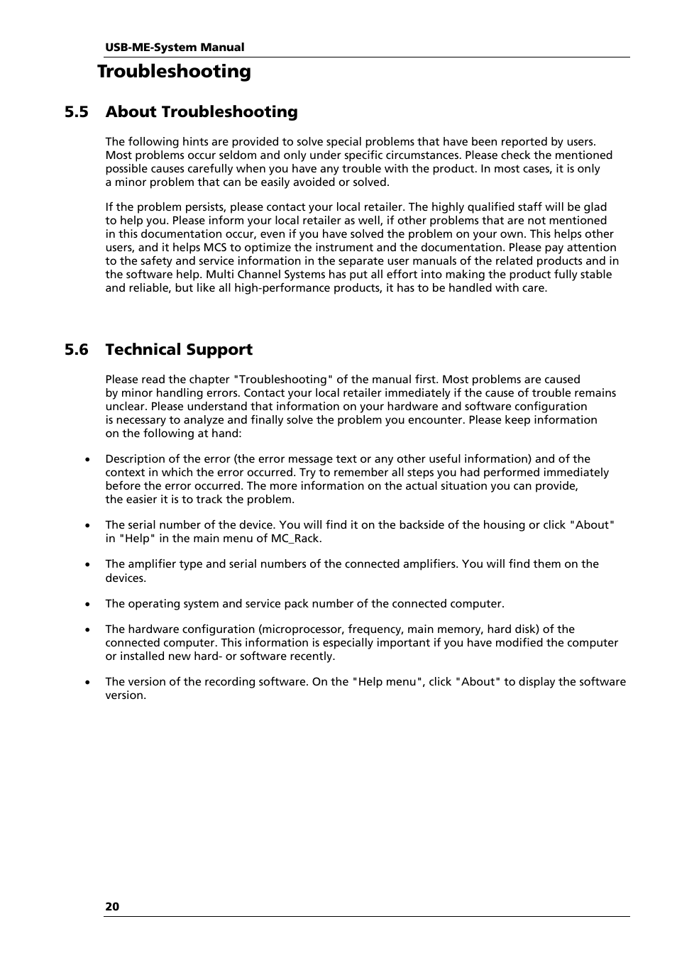 Troubleshooting, 5 about troubleshooting, 6 technical support | Multichannel Systems USB-ME64-128-256-Systems Manual User Manual | Page 24 / 36