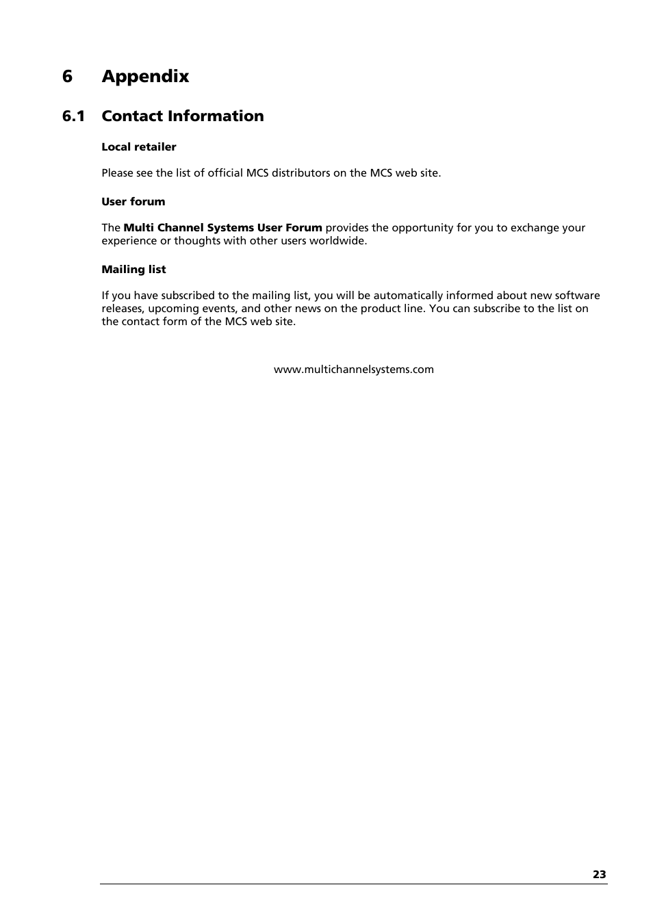 6appendix, 1 contact information | Multichannel Systems USB-ME64-128-256-Systems Manual User Manual | Page 27 / 36