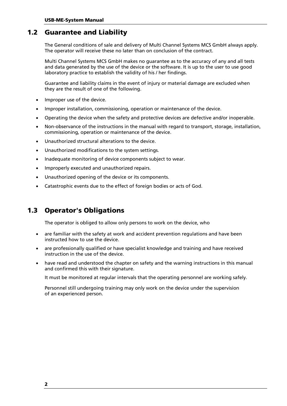 2 guarantee and liability, 3 operator's obligations | Multichannel Systems USB-ME64-128-256-Systems Manual User Manual | Page 6 / 36