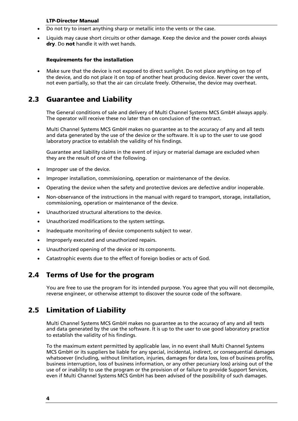 3 guarantee and liability, 4 terms of use for the program, 5 limitation of liability | Multichannel Systems LTP-Director Manual User Manual | Page 8 / 89
