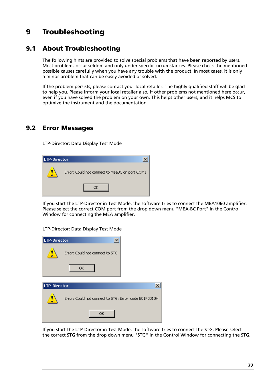 9troubleshooting, 1 about troubleshooting, 2 error messages | Multichannel Systems LTP-Director Manual User Manual | Page 81 / 89