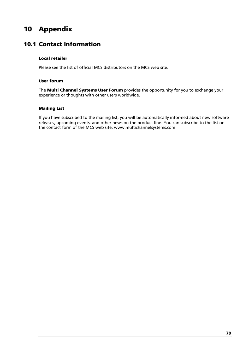 10 appendix, 1 contact information | Multichannel Systems LTP-Director Manual User Manual | Page 83 / 89