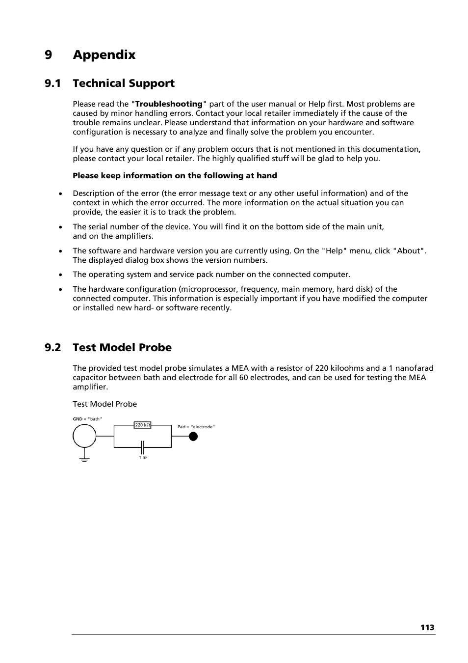9appendix, 1 technical support, 2 test model probe | Multichannel Systems Cardio2D Manual User Manual | Page 117 / 123