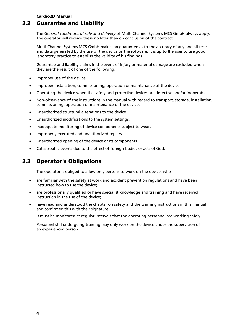2 guarantee and liability, 3 operator's obligations | Multichannel Systems Cardio2D Manual User Manual | Page 8 / 123