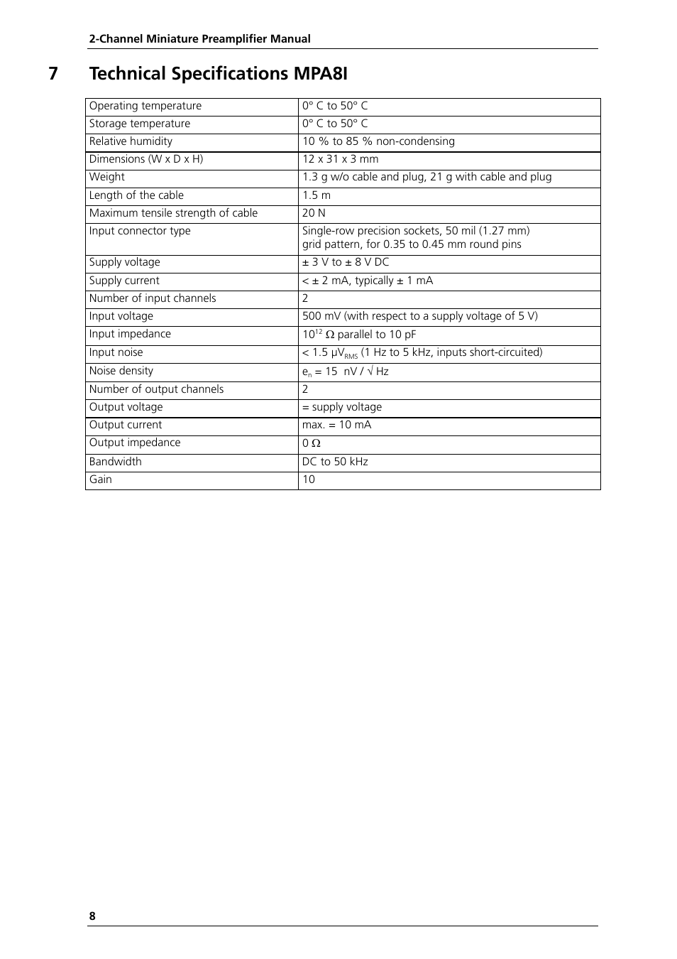 7technical specifications mpa8i | Multichannel Systems MPA2I Manual User Manual | Page 12 / 12