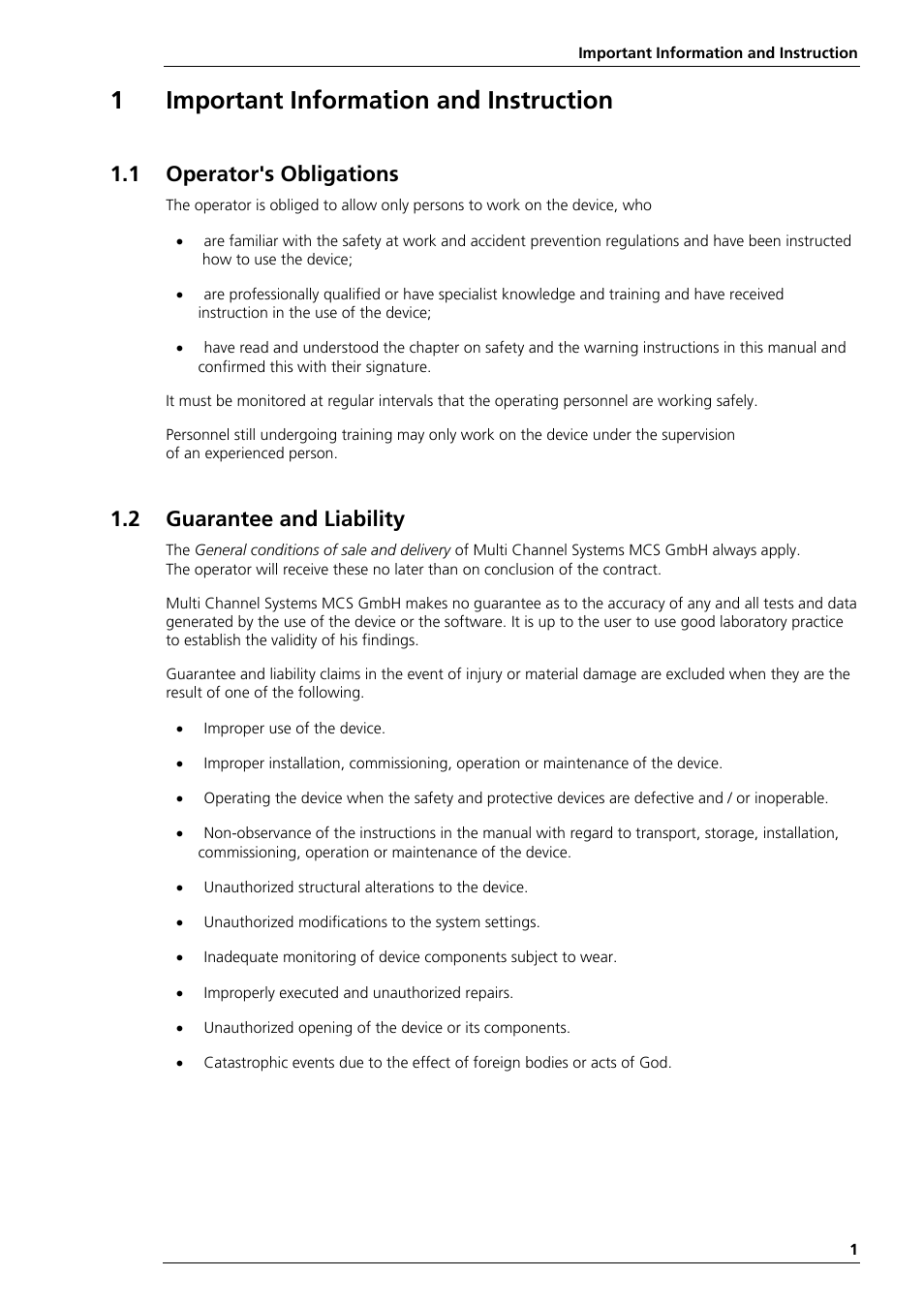 1important information and instruction, 1 operator's obligations, 2 guarantee and liability | Multichannel Systems MPA2I Manual User Manual | Page 5 / 12