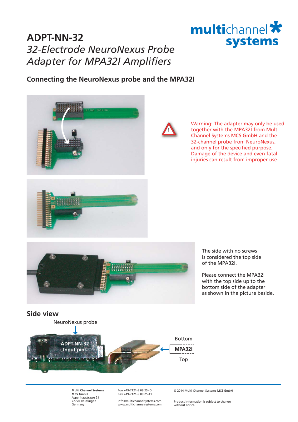 Side view, Connecting the neuronexus probe and the mpa32i | Multichannel Systems MPA32I Manual User Manual | Page 34 / 39