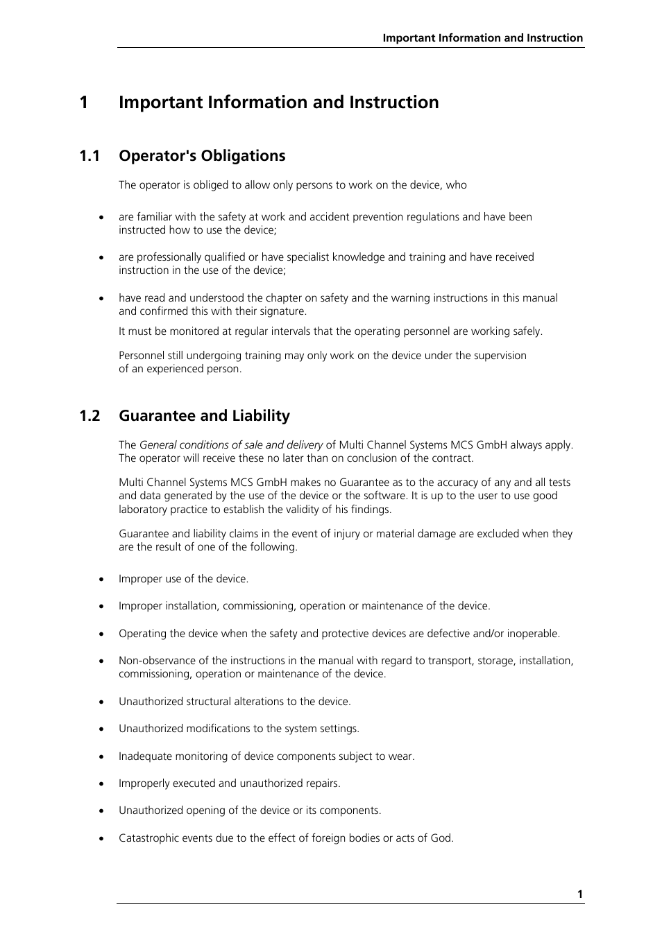 1important information and instruction, 1 operator's obligations, 2 guarantee and liability | Multichannel Systems MPA32I Manual User Manual | Page 7 / 39