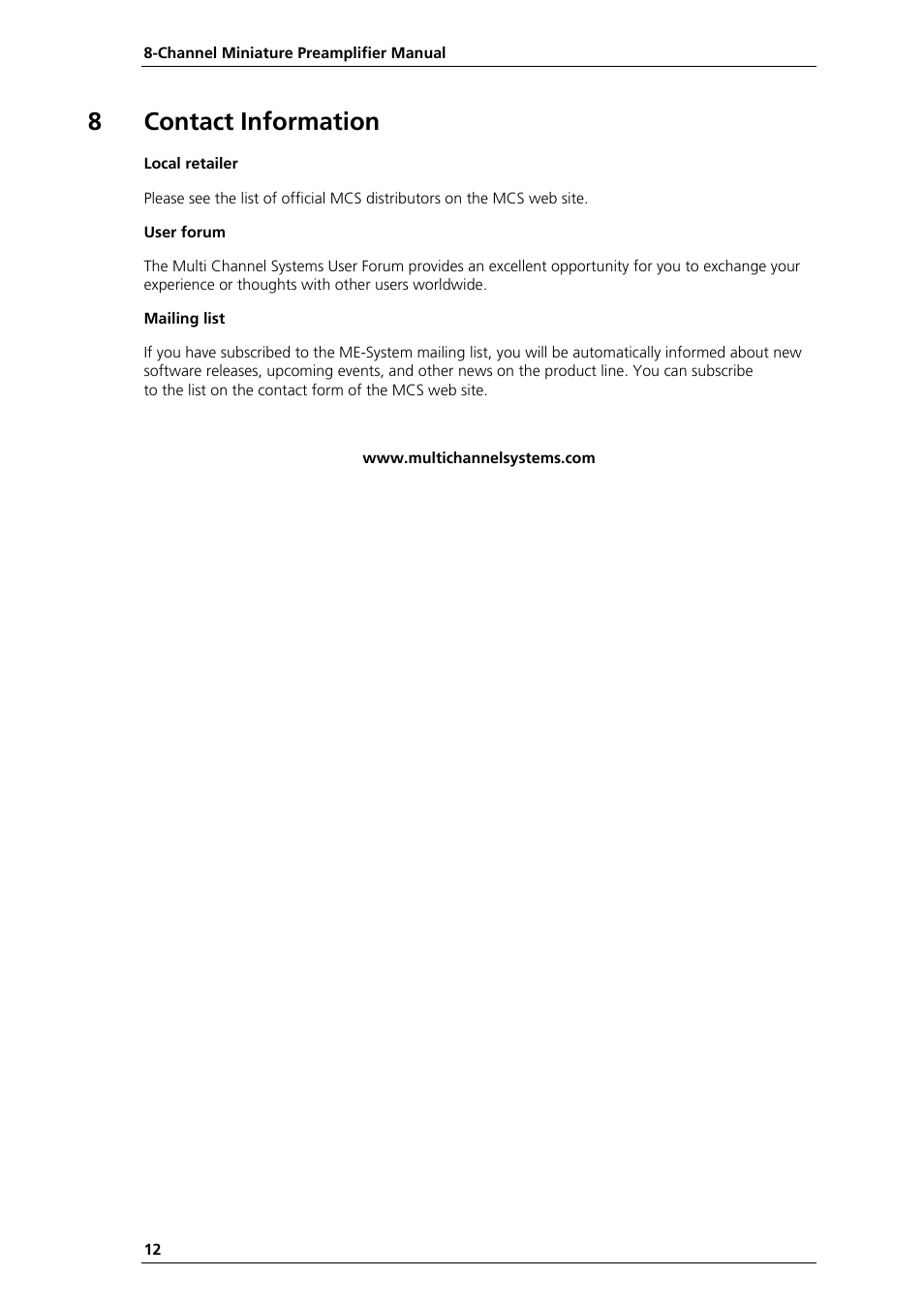 8contact information | Multichannel Systems MPA8I Manual User Manual | Page 18 / 22