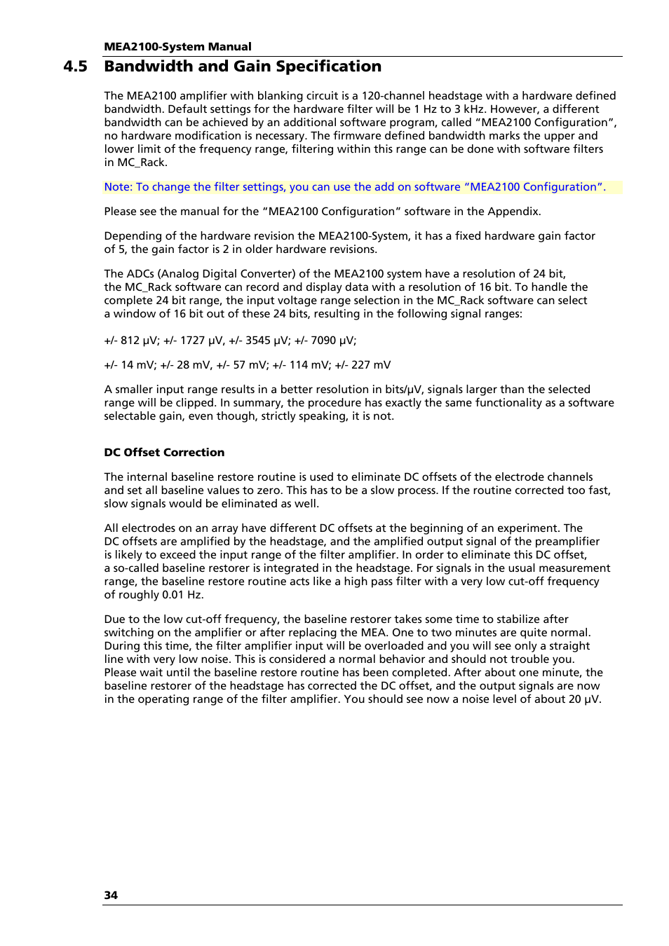 5 bandwidth and gain specification | Multichannel Systems MEA2100-System Manual User Manual | Page 38 / 72