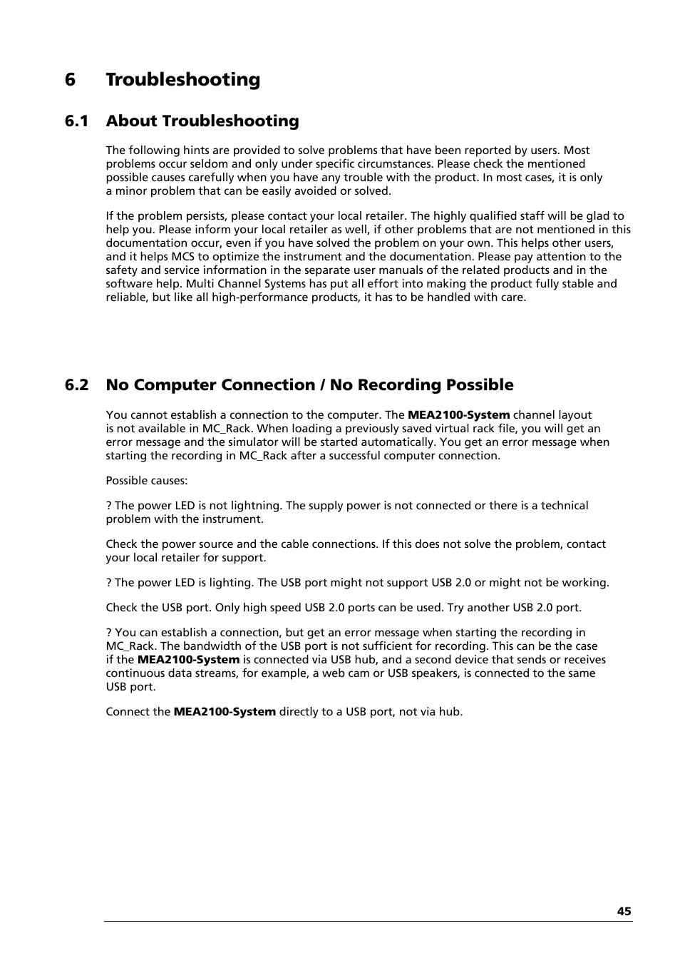 6troubleshooting, 1 about troubleshooting, 2 no computer connection / no recording possible | Multichannel Systems MEA2100-System Manual User Manual | Page 49 / 72