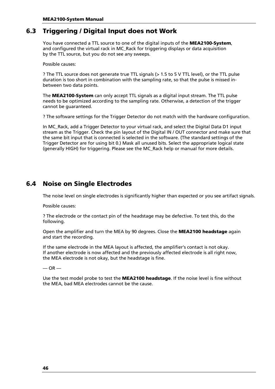 3 triggering / digital input does not work, 4 noise on single electrodes | Multichannel Systems MEA2100-System Manual User Manual | Page 50 / 72