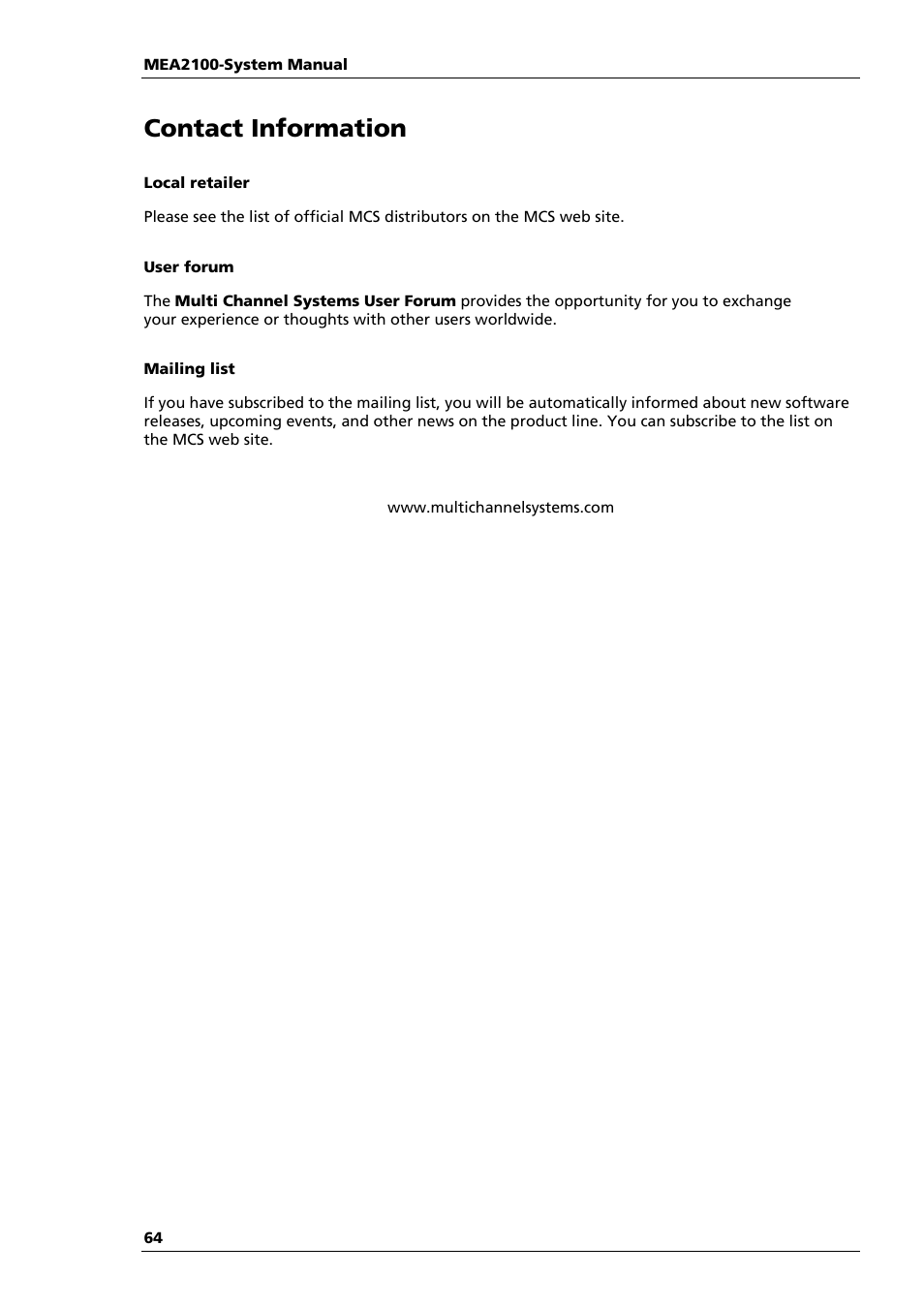 Contact information | Multichannel Systems MEA2100-System Manual User Manual | Page 68 / 72