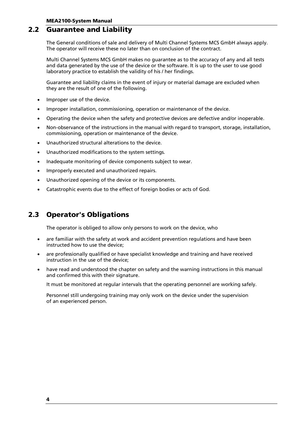 2 guarantee and liability, 3 operator's obligations | Multichannel Systems MEA2100-System Manual User Manual | Page 8 / 72