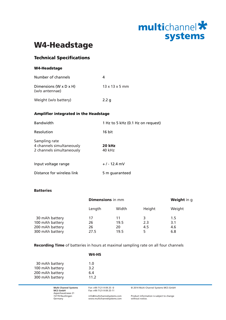Multi channel systems, W4-headstage | Multichannel Systems Wireless-System Manual User Manual | Page 40 / 62