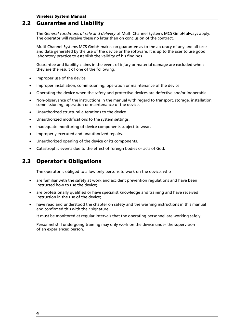 2 guarantee and liability, 3 operator's obligations | Multichannel Systems Wireless-System Manual User Manual | Page 8 / 62