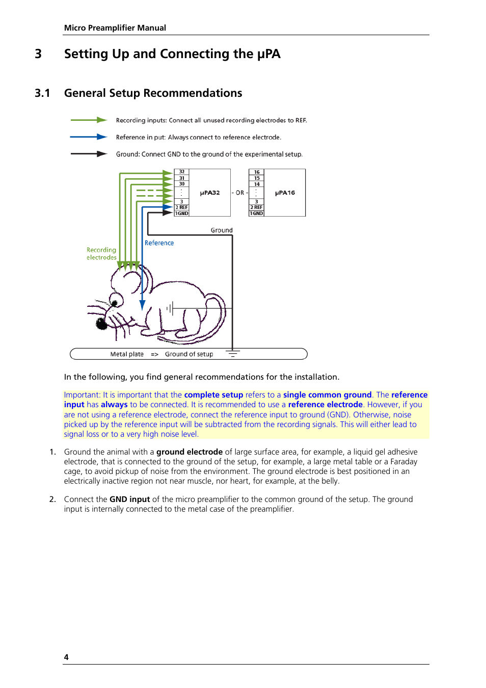 3setting up and connecting the μpa, 1 general setup recommendations | Multichannel Systems µPA16+32 Manual User Manual | Page 8 / 21