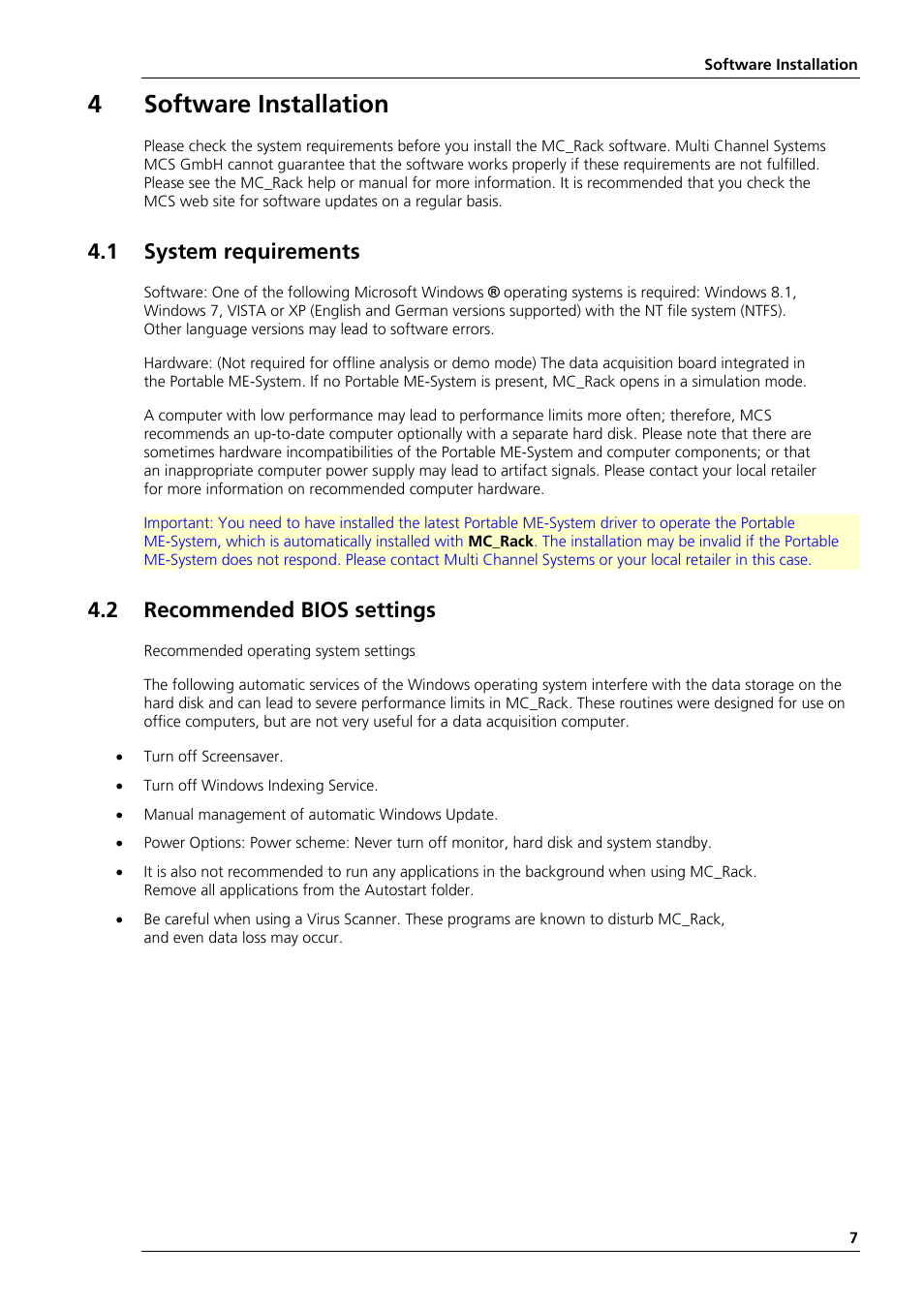 4software installation, 1 system requirements, 2 recommended bios settings | Multichannel Systems Portable_ME-System Manual User Manual | Page 11 / 45