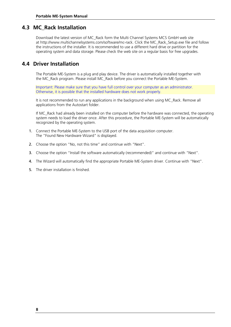 3 mc_rack installation, 4 driver installation | Multichannel Systems Portable_ME-System Manual User Manual | Page 12 / 45