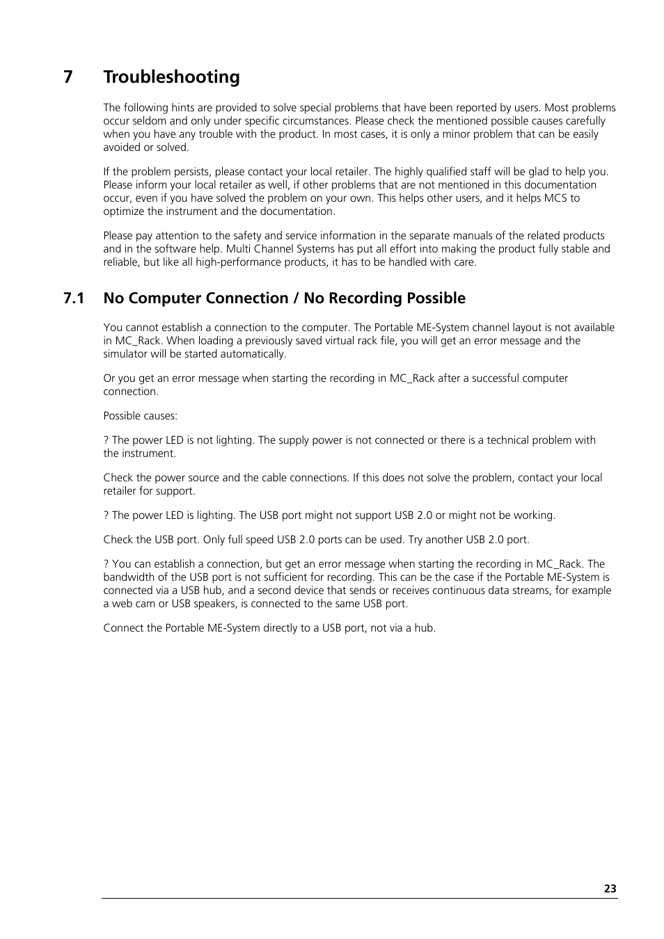 7troubleshooting, 1 no computer connection / no recording possible | Multichannel Systems Portable_ME-System Manual User Manual | Page 27 / 45