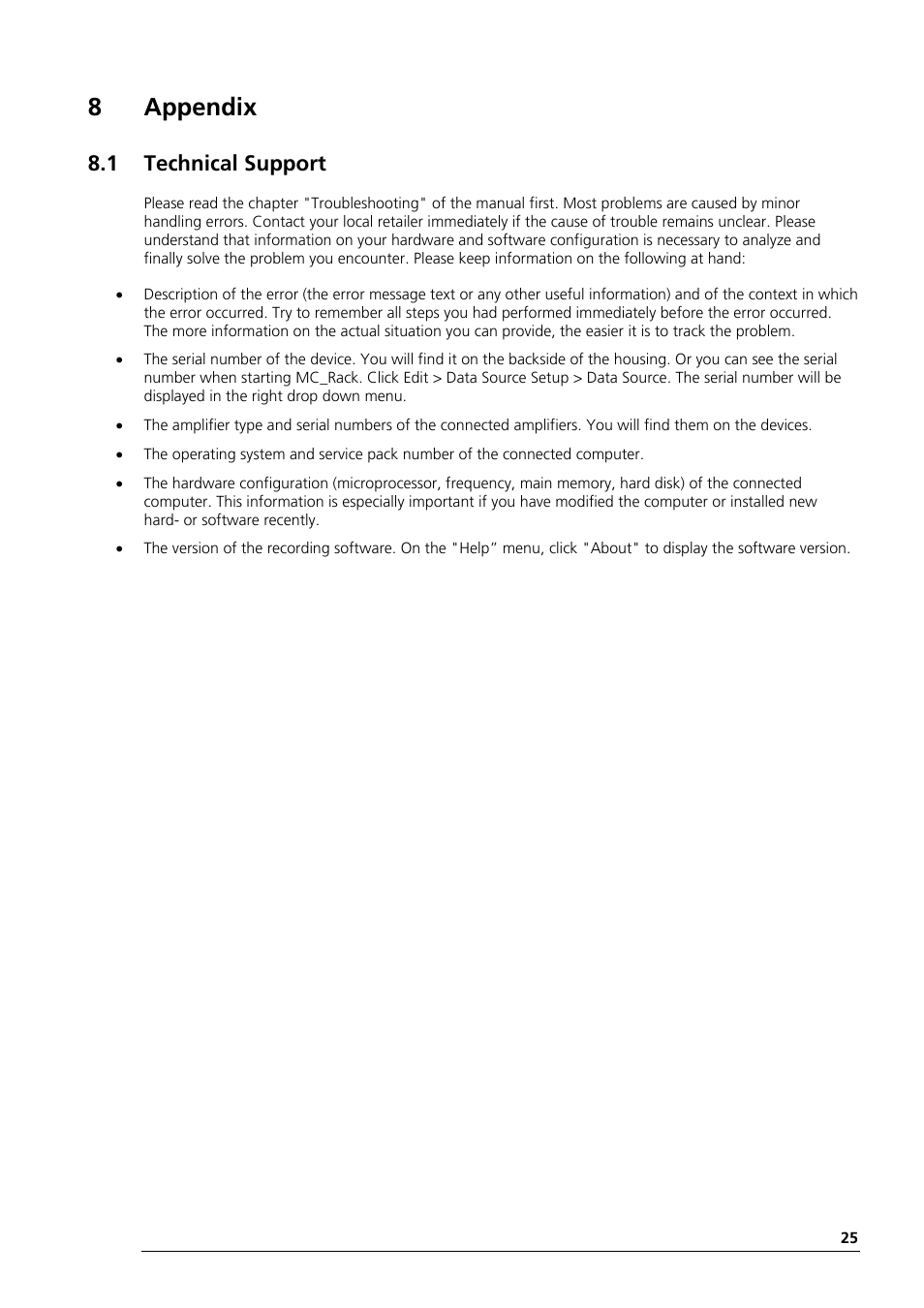 8appendix, 1 technical support | Multichannel Systems Portable_ME-System Manual User Manual | Page 29 / 45