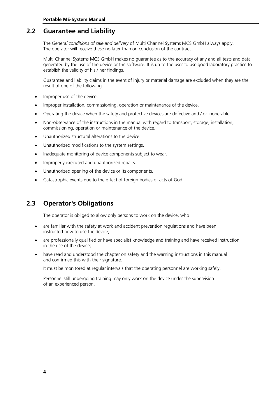 2 guarantee and liability, 3 operator's obligations | Multichannel Systems Portable_ME-System Manual User Manual | Page 8 / 45