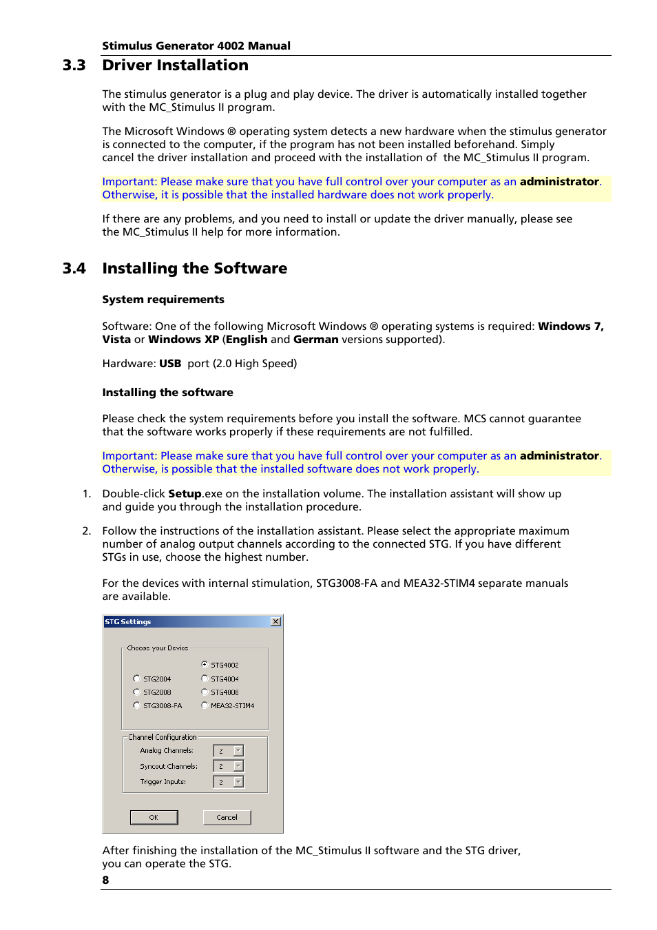 3 driver installation, 4 installing the software | Multichannel Systems STG4002 Manual User Manual | Page 12 / 110