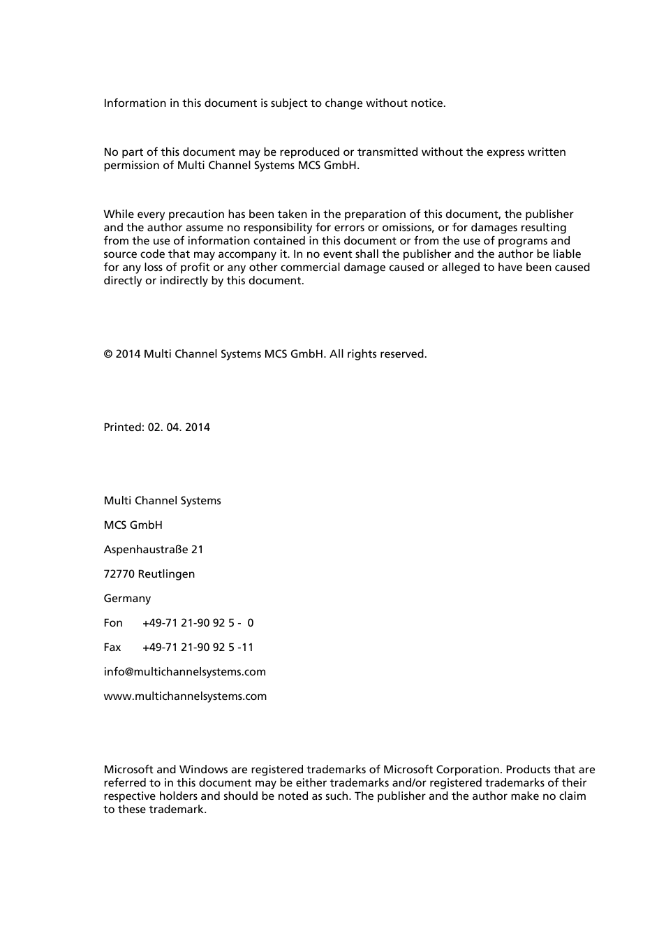 Multichannel Systems STG4002 Manual User Manual | Page 2 / 110