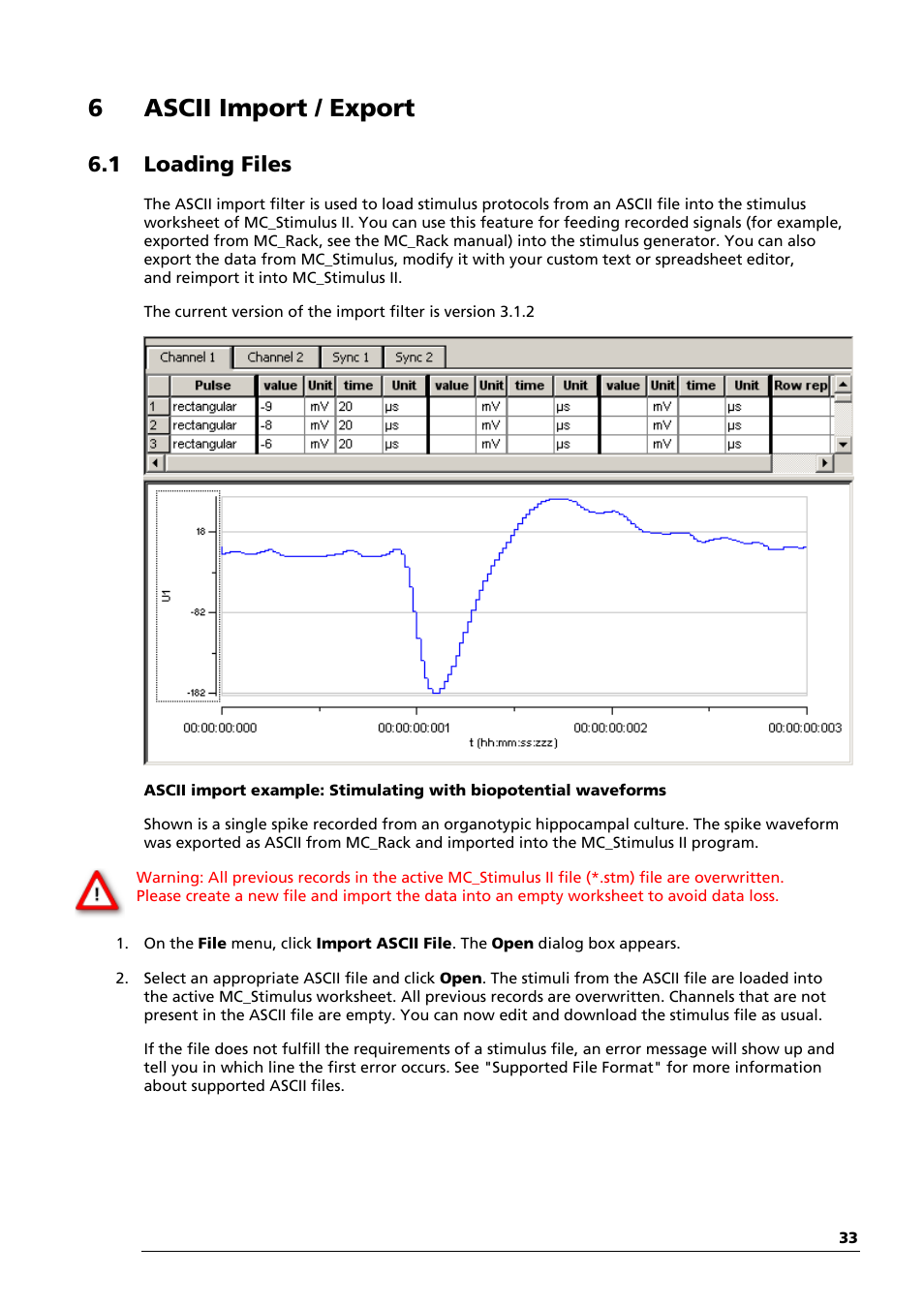 6ascii import / export, 1 loading files | Multichannel Systems STG4002 Manual User Manual | Page 37 / 110