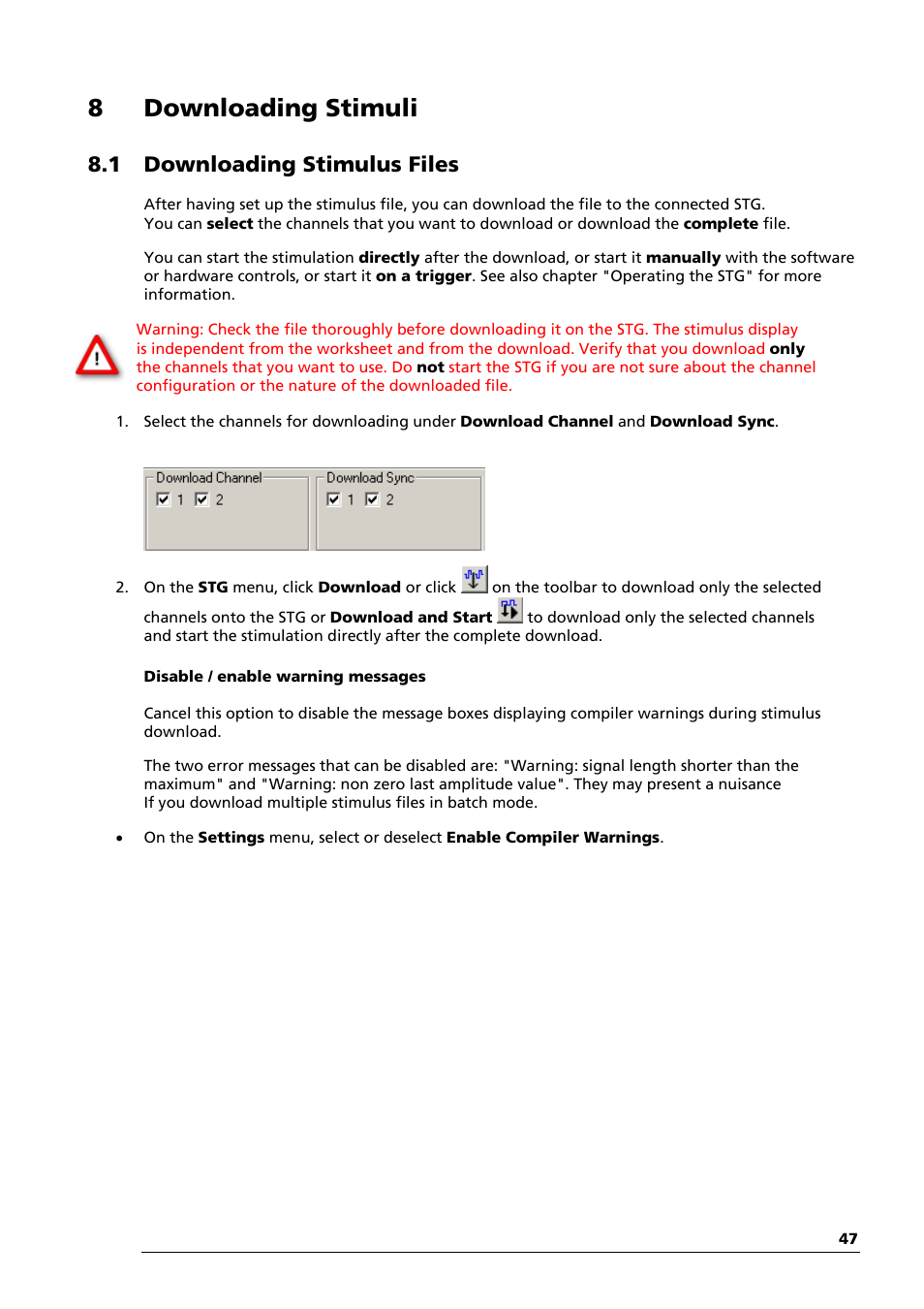 8downloading stimuli, 1 downloading stimulus files | Multichannel Systems STG4002 Manual User Manual | Page 51 / 110