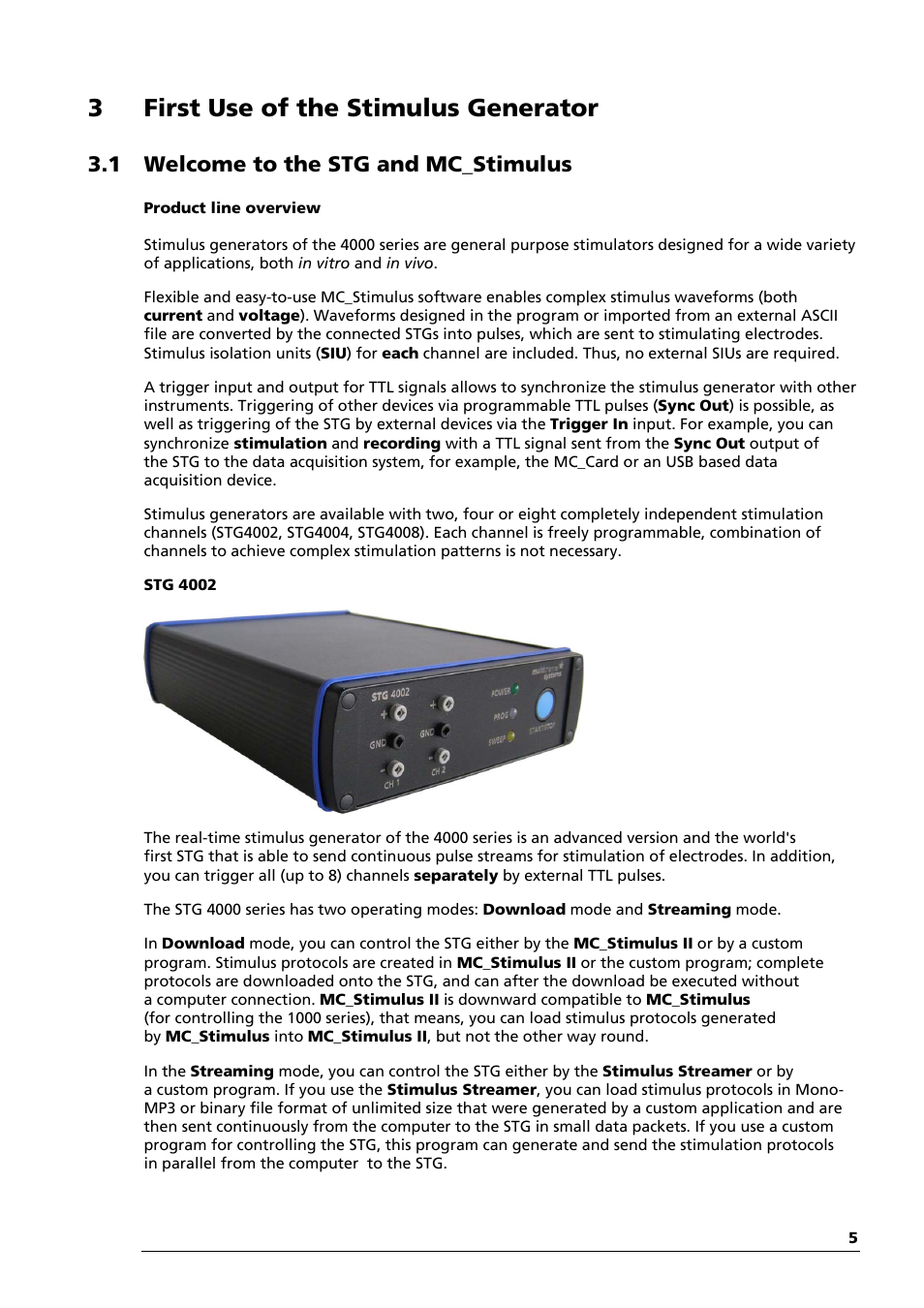 3first use of the stimulus generator, 1 welcome to the stg and mc_stimulus | Multichannel Systems STG4002 Manual User Manual | Page 9 / 110