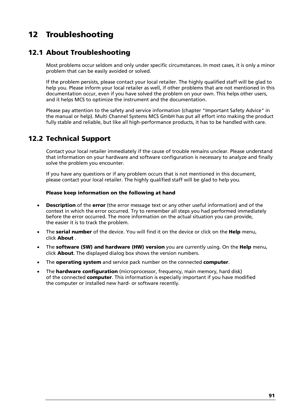 12 troubleshooting, 1 about troubleshooting, 2 technical support | Multichannel Systems STG4002 Manual User Manual | Page 95 / 110