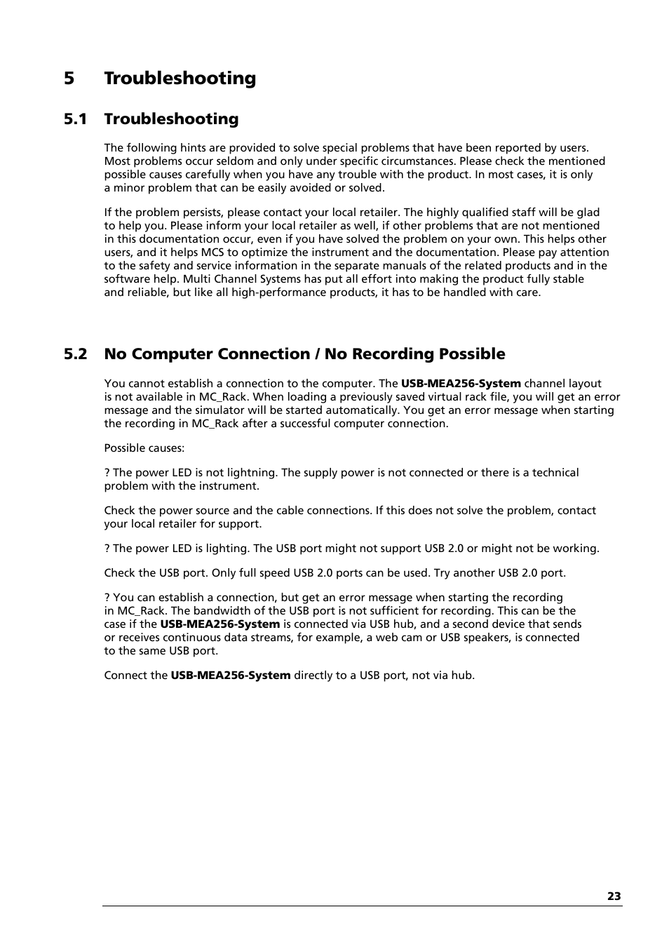 5 troubleshooting, 1 troubleshooting, 2 no computer connection / no recording possible | Multichannel Systems USB-MEA256-System Manual User Manual | Page 29 / 66