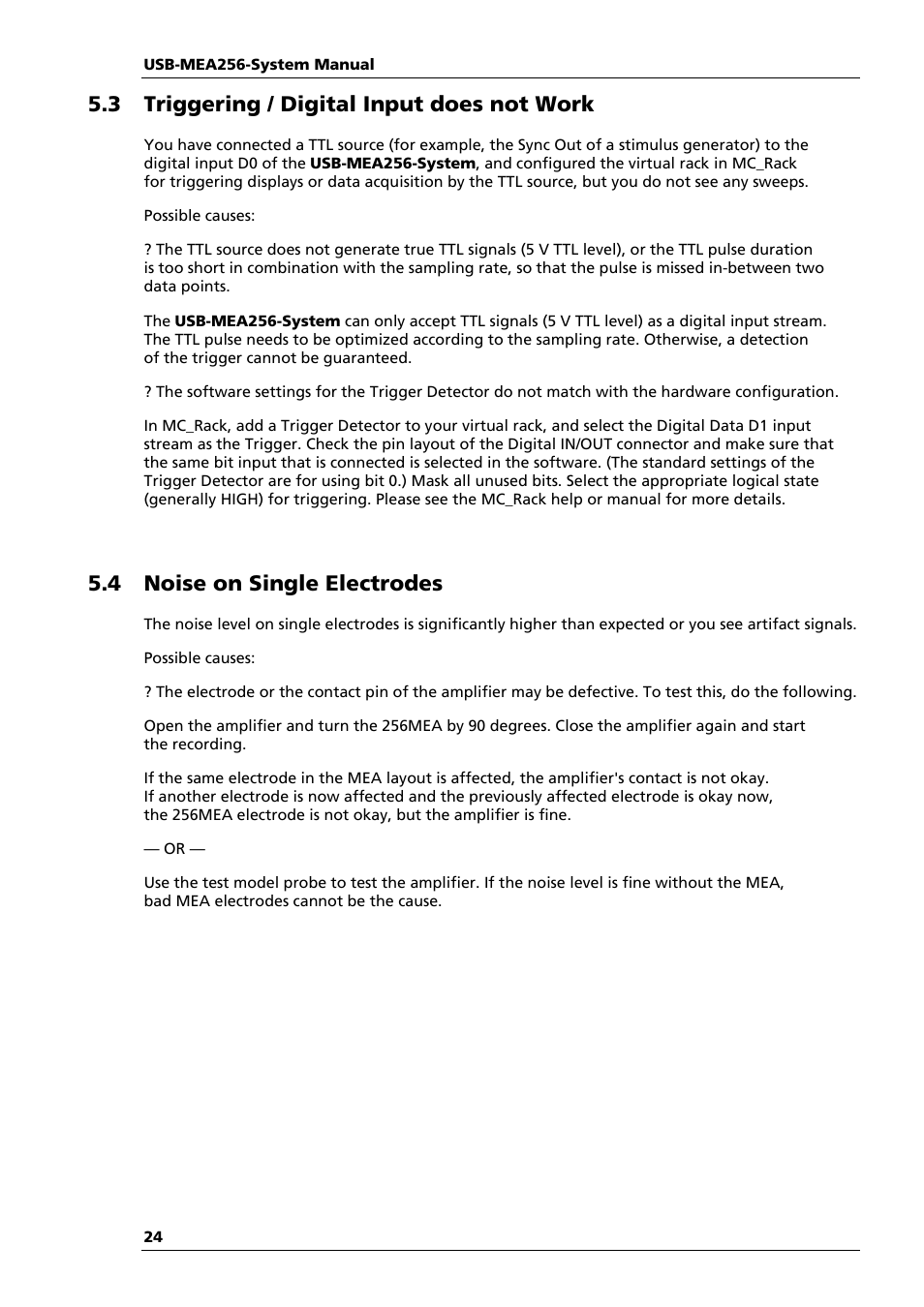3 triggering / digital input does not work, 4 noise on single electrodes | Multichannel Systems USB-MEA256-System Manual User Manual | Page 30 / 66