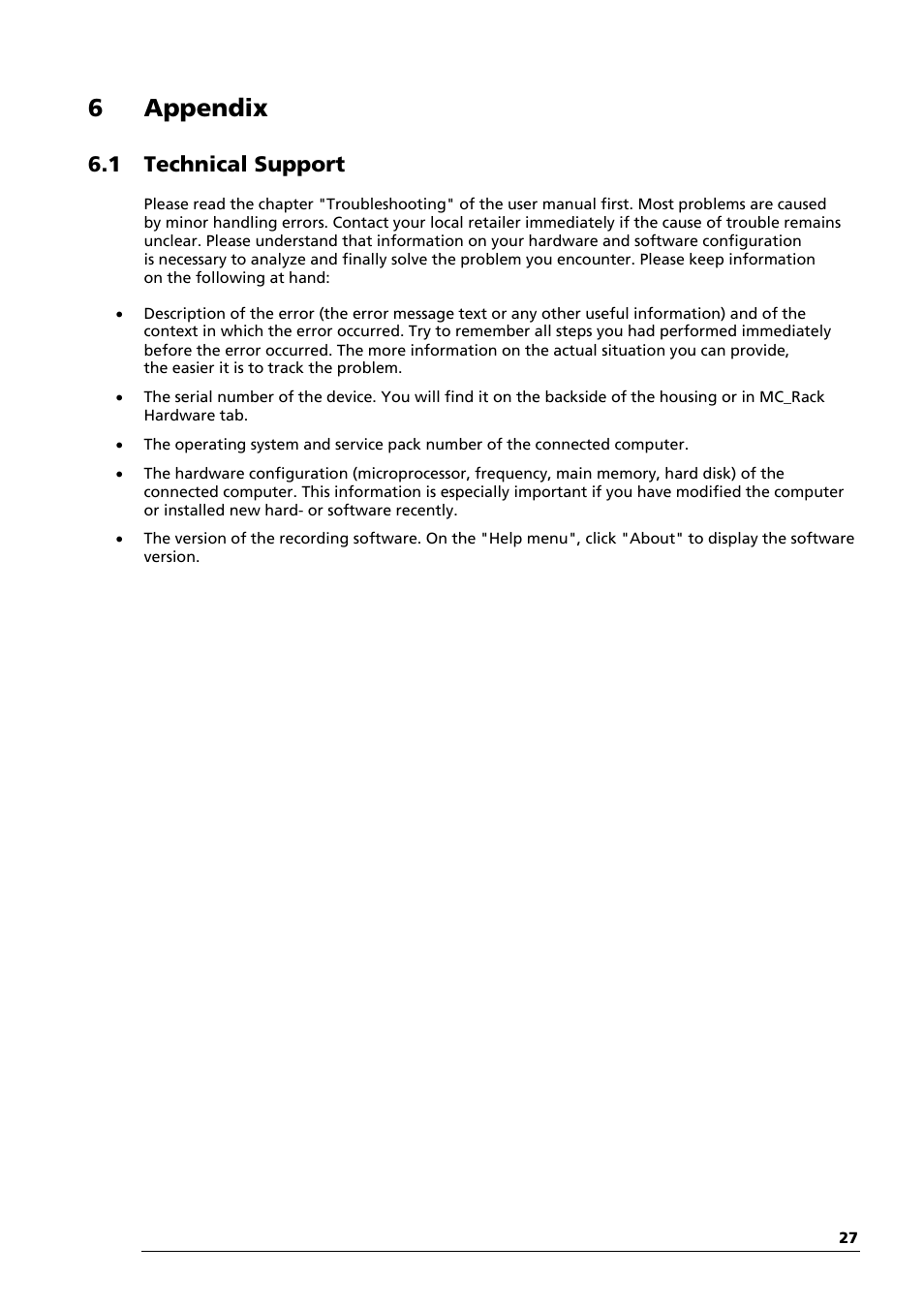 6 appendix, 1 technical support | Multichannel Systems USB-MEA256-System Manual User Manual | Page 33 / 66
