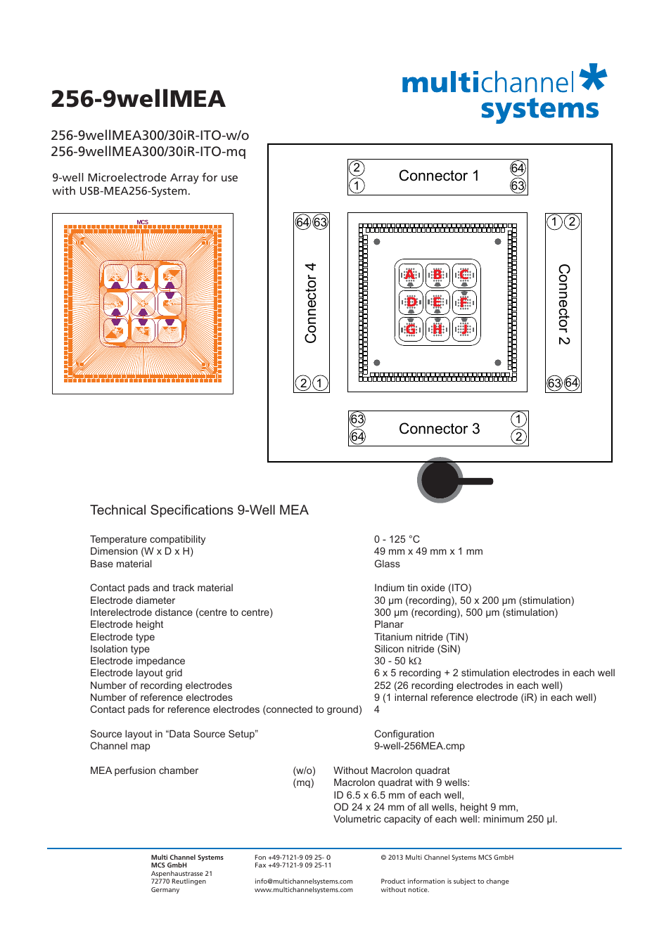 9wellmea, Connector 1, Connector 3 | Connector 4 connector 2, Technical specifications 9-well mea | Multichannel Systems USB-MEA256-System Manual User Manual | Page 48 / 66