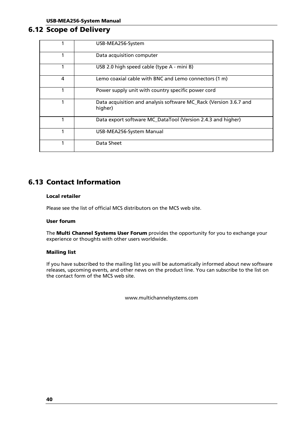 12 scope of delivery, 13 contact information | Multichannel Systems USB-MEA256-System Manual User Manual | Page 61 / 66