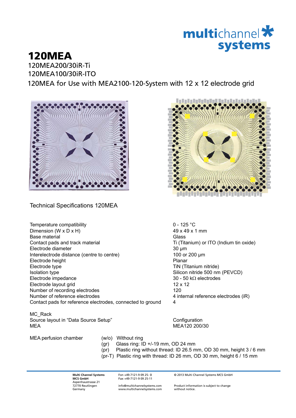 120mea, With 12 x 12 electrode grid, Technical specifications 120mea | Multichannel Systems MEA Manual User Manual | Page 117 / 135