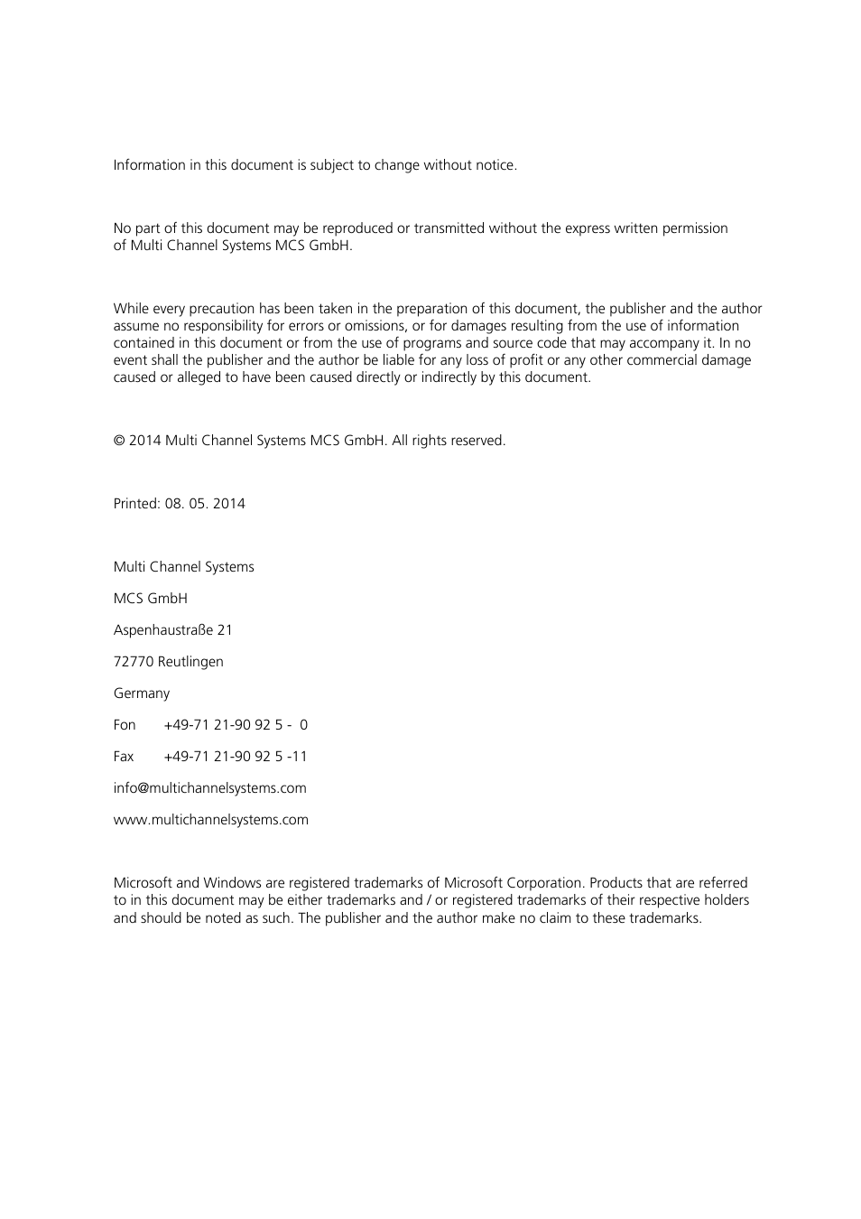 Multichannel Systems MEA Manual User Manual | Page 2 / 135